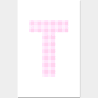 Pink Letter T in Plaid Pattern Background. Posters and Art